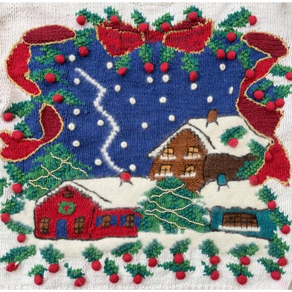 VTG. 80s Ugly Christmas Sweater Womens M Grandma Cottagecore Swiss Chalet 3D - Picture 12 of 12
